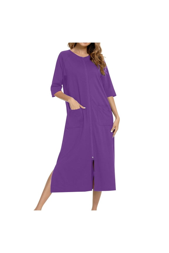 Womens Robes 3/4 Sleeve Full Zipper Housecoat Loose Casual Lightweight Bath Robes with Pockets M