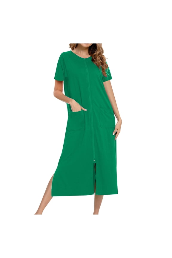 Womens Robes 3/4 Sleeve Full Zipper Housecoat Loose Casual Lightweight Bath Robes with Pockets XL