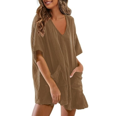 JIUKE Womens Romper Summer Oversized Casual Short Sleeve Overalls Onesie Deep V Neck Loose Short Jumpsuit