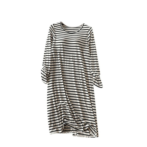 JIUKE Womens Striped Nightgowns Long Sleeve Round Neck Midi T-Shirts Nightdress Soft Sleepwear with Built in Bra