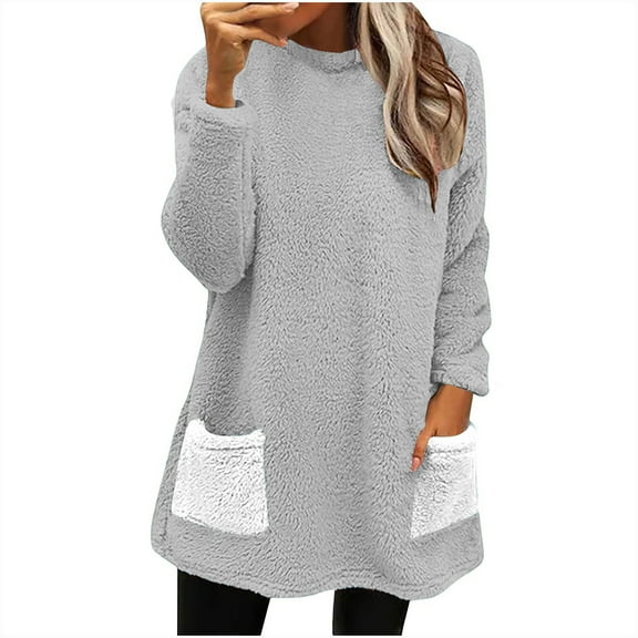 JIUKE Womens Sweatshirts Fleece Fuzzy Fall Winter Long Sleeve Shirts Crewneck Pullover Top with Pockets Gray L