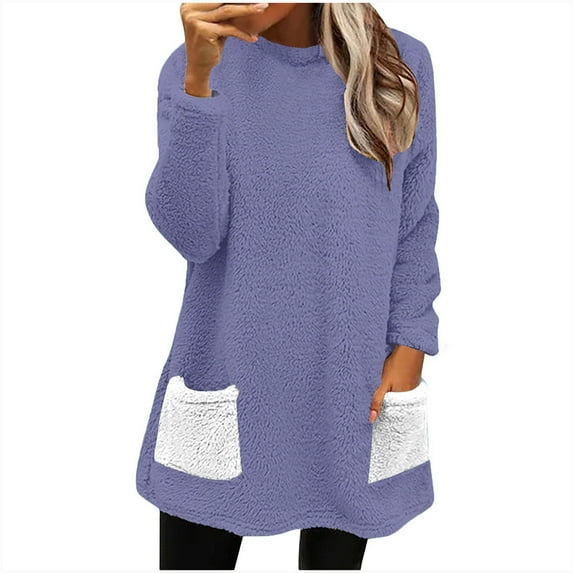 JIUKE Womens Sweatshirts Fleece Fuzzy Fall Winter Long Sleeve Shirts Crewneck Pullover Top with Pockets Purple XL