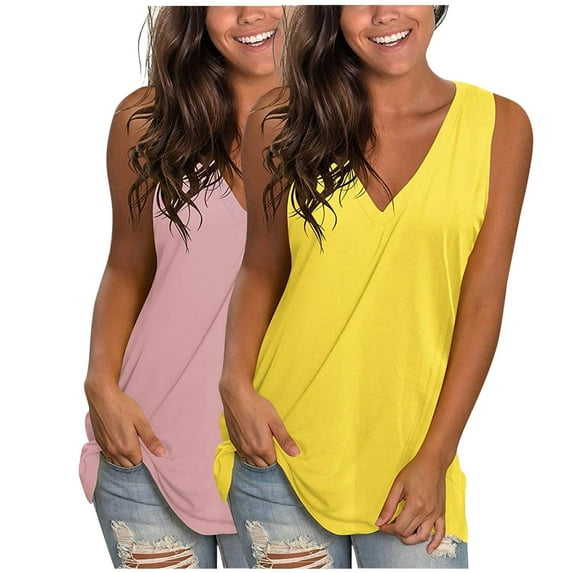 JIUKE Womens Tank Top Sleeveless V Neck Summer Causal Loose Basic Flowy Dressy Cute Tunic Tops 2 Pack Yellow XL