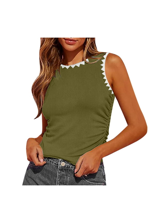 Womens Tank Tops Summer Sleeveless Crewneck Ribbed Knit Crop Top Slim Fitted Blouse Side Ruched Basic Shirts