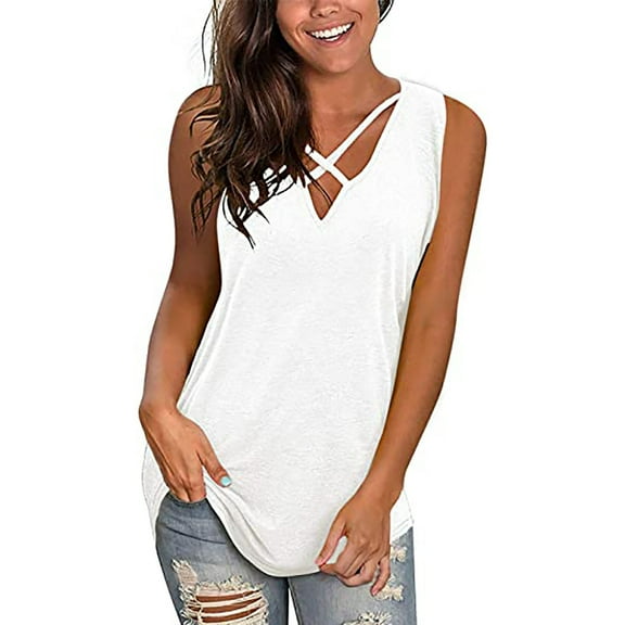 JIUKE Womens Tank Tops V Neck Sleeveless Solid Color Loose Casual Summer Flowy Plain Tee Shirts