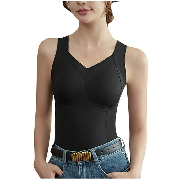 JIUKE Womens Tank Tops with Built in Bra V Neck Sleeveless Pajamas Undershirts Soft Comfy Base Layer Top