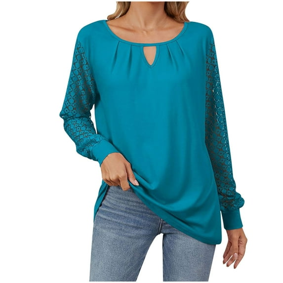 JIUKE Womens Tops Dressy Casual Long Crew Neck Keyhole Blouses Hollow out Lace Sleeve Tees Shirts Blue XL