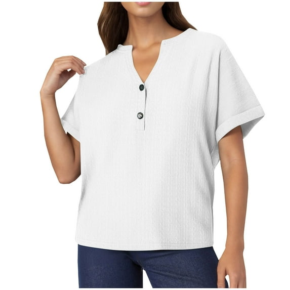 JIUKE Womens Tops Short Sleeve Shirts Button up Notch V Neck T Shirts Solid Color Loose Fitted Comfy Blouses
