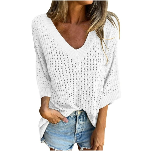 JIUKE Womens Tops Summer Crochet Short Sleeve V Neck Shirts Knit Hollow out Beach Cover up Tops