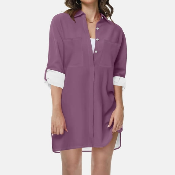 JIUKE Womens V Neck Collared Button down Shirts Long Sleeve Tunic Tops Casual Summer Cover Ups Size M
