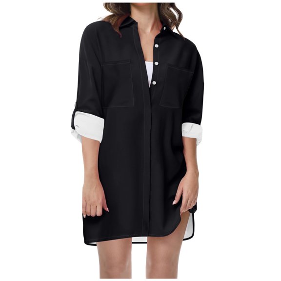 JIUKE Womens V Neck Collared Button down Shirts Long Sleeve Tunic Tops Casual Summer Cover Ups Size XL