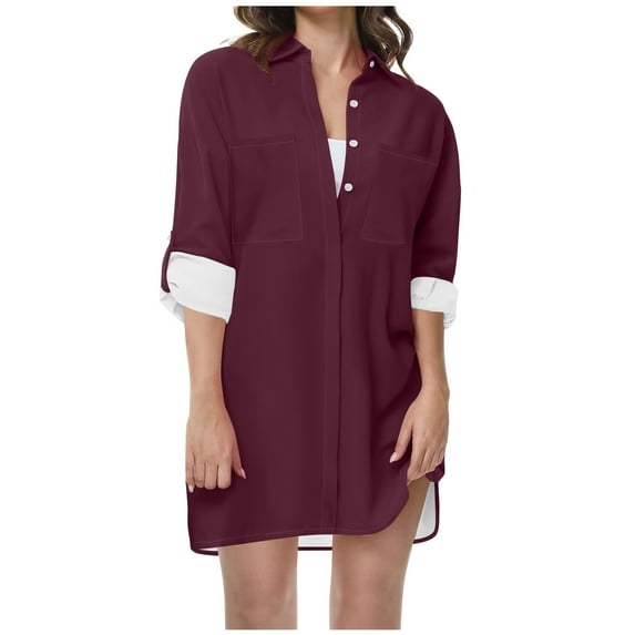 JIUKE Womens V Neck Collared Button down Shirts Long Sleeve Tunic Tops Casual Summer Cover Ups Size XL