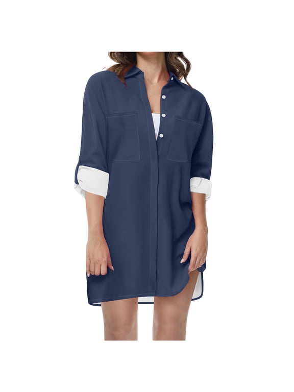 Womens V Neck Collared Button down Shirts Long Sleeve Tunic Tops Casual Summer Cover Ups Size XL