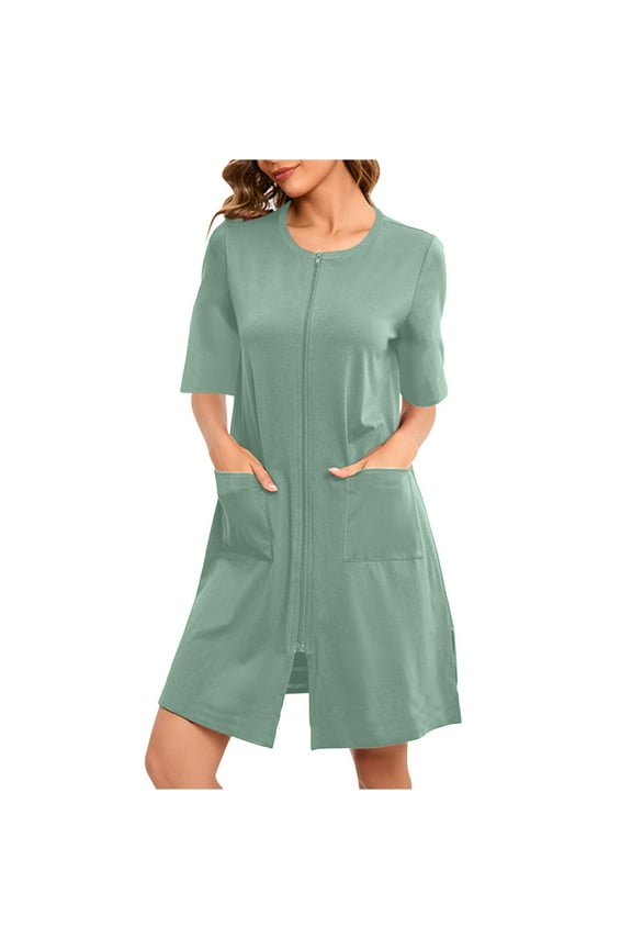 Womens Zipper Front Housecoats Short Sleeve Crew Neck Bathrobes Loungewear Nightgown with Pockets S
