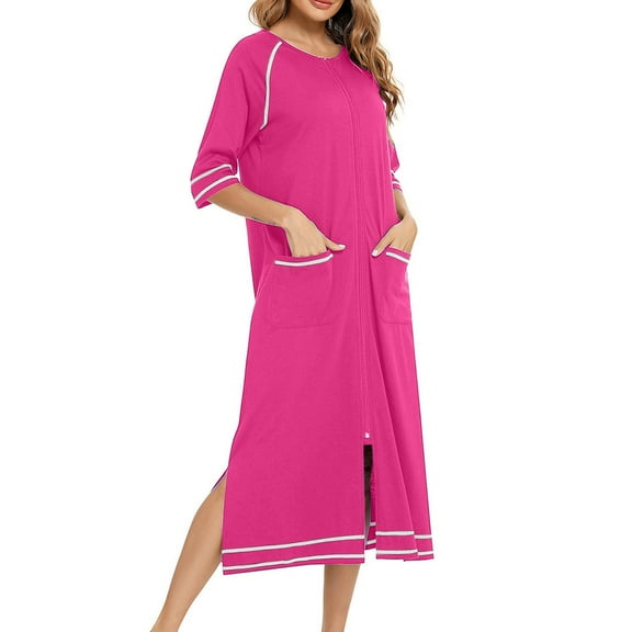 JIUKE Womens Zipper Robe 3/4 Sleeve Housecoats Long Nightgown Full Length Sleep Dress Patchwork Loungewear with Pockets