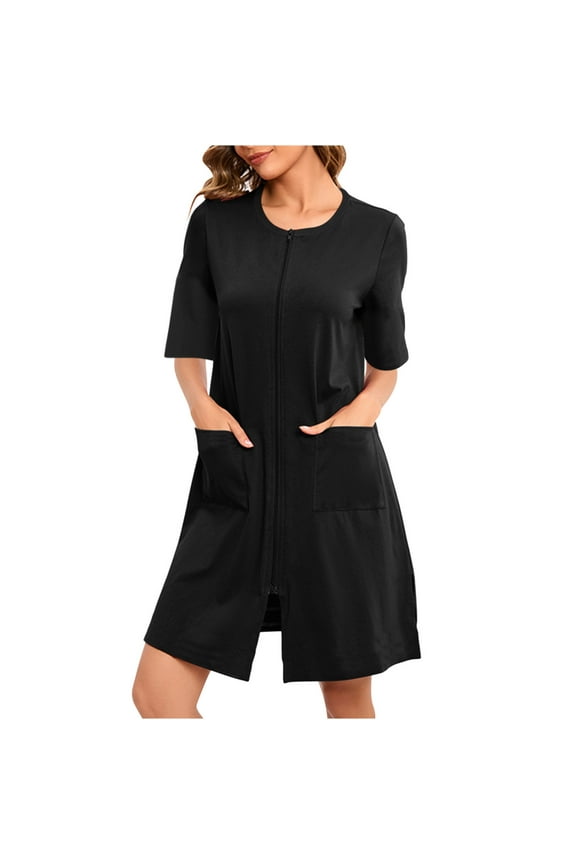 Womens Zipper Robes Short Sleeve Bathrobes Loose Casual Solid Short Nightgown with Pockets