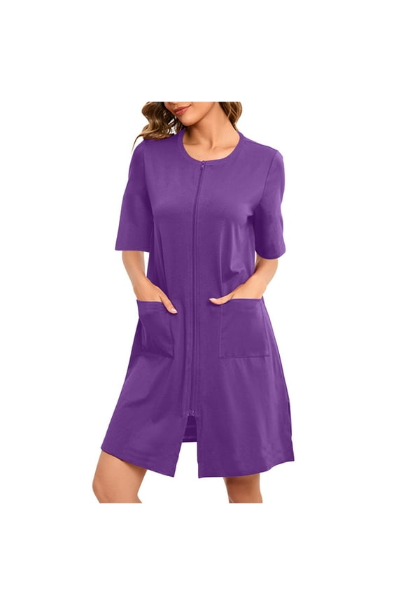 Womens Zipper Robes 3/4 Sleeve House Coat Bathrobes Loose Casual Knee Length Nightgown with Pockets