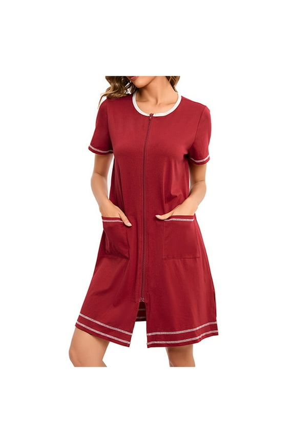 Womens Zipper Robes 3/4 Sleeve House Coat Bathrobes Loose Casual Knee Length Nightgown with Pockets