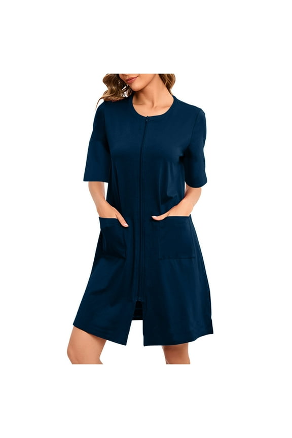 Womens Zipper Robes 3/4 Sleeve House Coat Bathrobes Loose Casual Knee Length Nightgown with Pockets