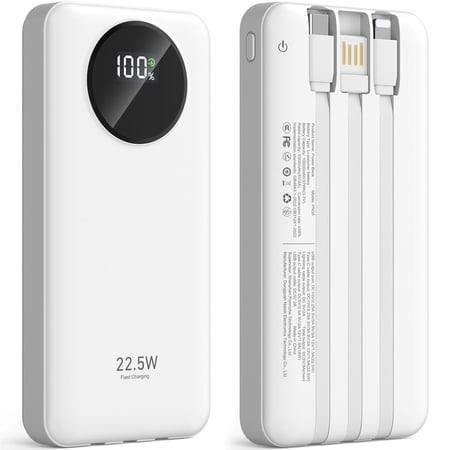 JIUMESS 10000mAh Power Bank with Cables 22.5W Fast Portable Charger Compatible for iPhone, Android