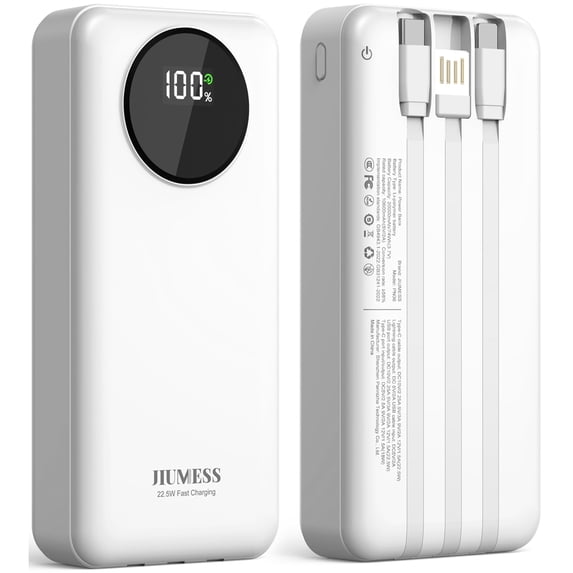 JIUMESS 20000mAh Power Bank with Cables 22.5W Fast Portable Charger Compatible for iPhone, Android