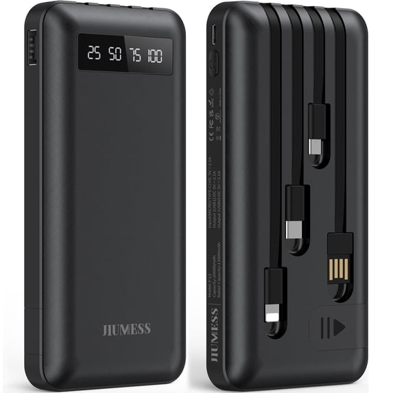 JIUMESS 20000mAh Power Bank Portable Charger with Cables Compatible for iPhone, Android Cell Phone