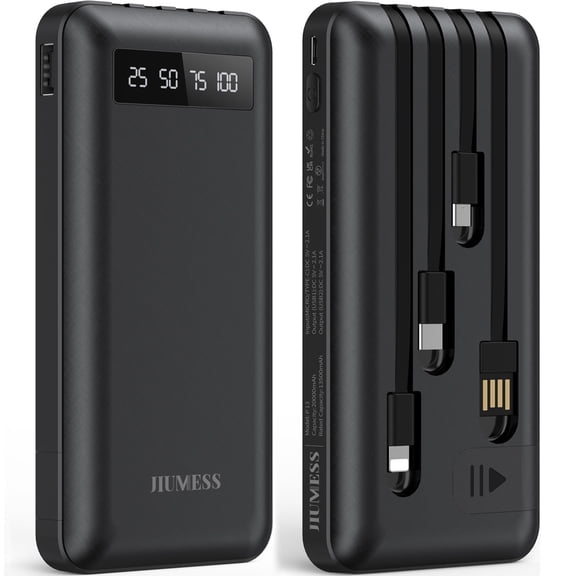 JIUMESS 20000mAh Power Bank Portable Charger with Cables Compatible for iPhone, Android Cell Phone