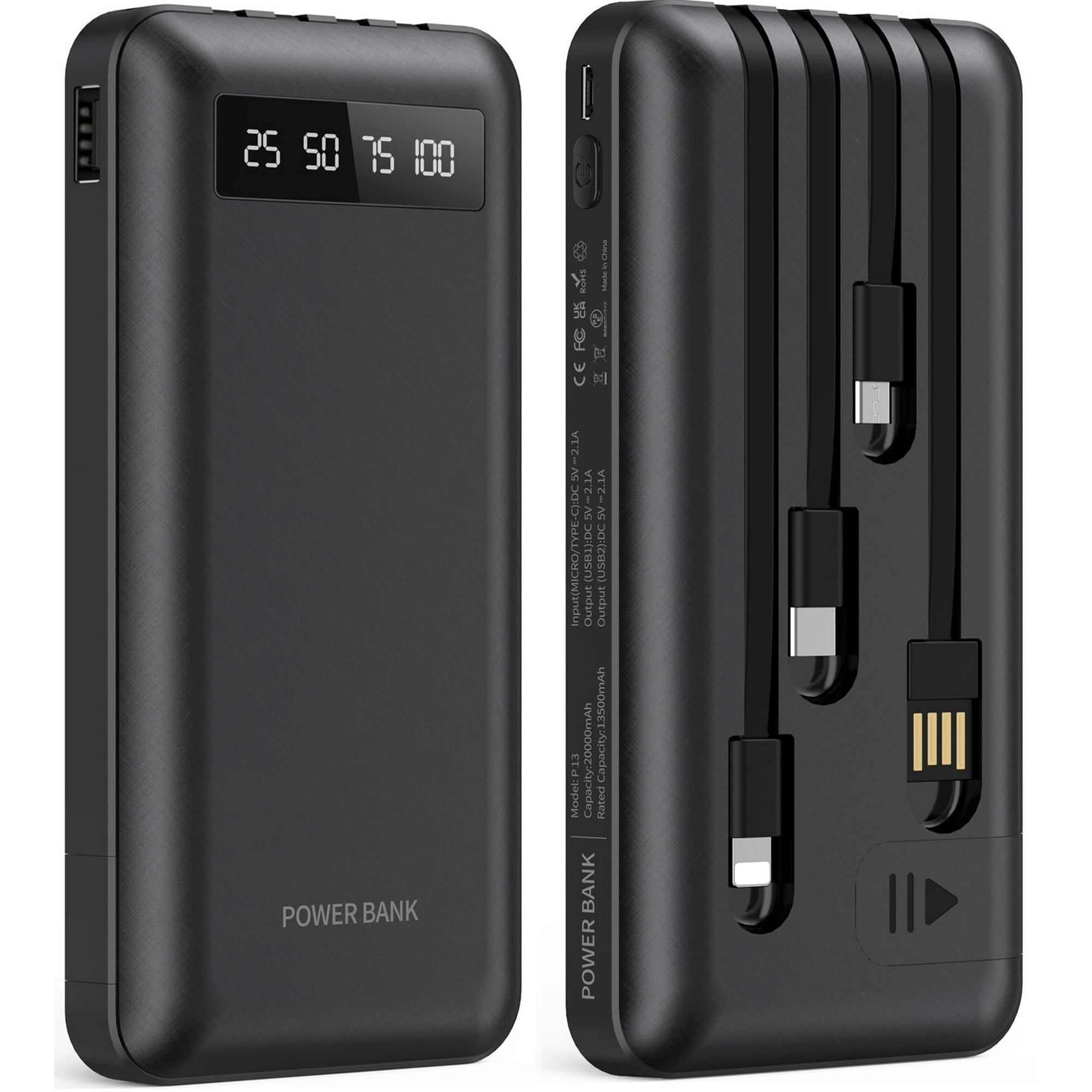 JIUMESS 20000mAh Power Bank Portable Charger with Cables USB Battery Pack Compatible for iPhone Android Cell Phone