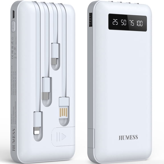 JIUMESS 20000mAh Power Bank Portable Charger with Cables Compatible for iPhone, Android Cell Phone