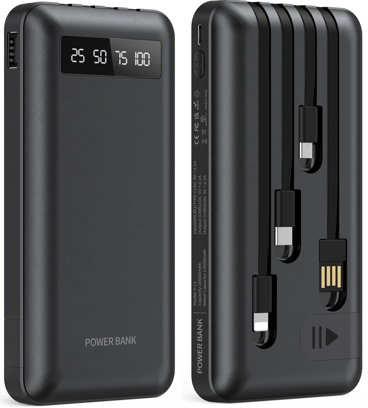 JIUMESS 20000mAh Power Bank Portable Charger With Cables USB Fast JIUMESS 20000mAh Power Bank Portable Charger With Cables USB Fast