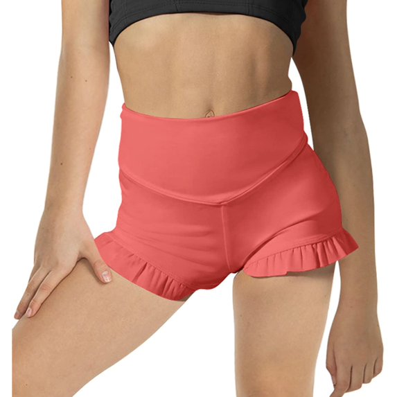 JIUWEN Girls Athletic Ruffle Shorts High Waisted Yoga Dance Shorts Comfy Workout Gymnastics Shorts-Vermilion-140,Ruffle Shorts,Dance Outfits,Girls Athletic Shorts