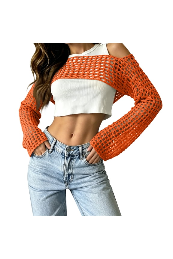 Women's Hollow Out Crop Bikini Cover Up Boat Neck Long Sleeve Crochet Sheer Swimsuit Cover Up-Orange-M