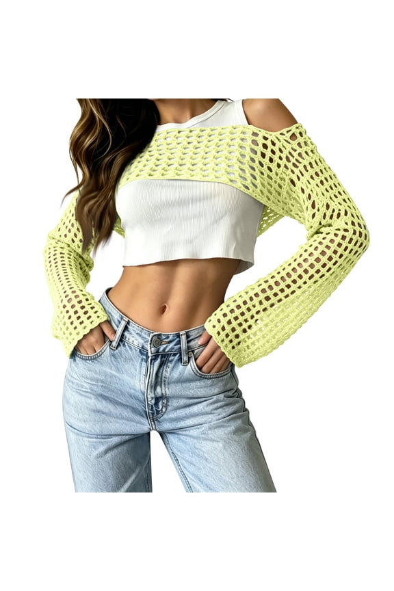 Women's Hollow Out Crop Bikini Cover Up Boat Neck Long Sleeve Crochet Sheer Swimsuit Cover Up-Yellow-XL