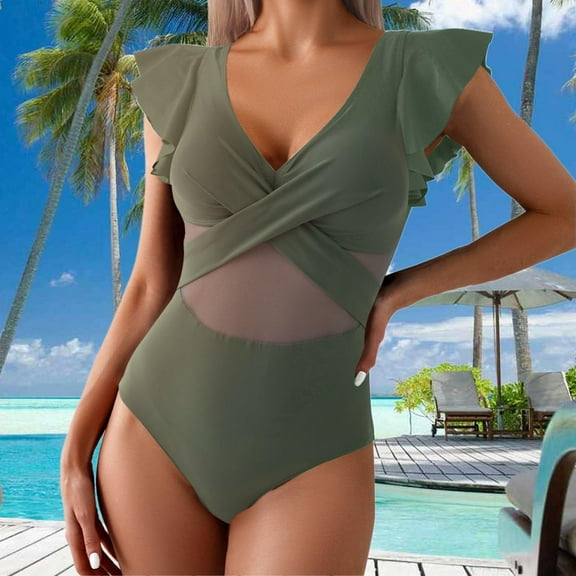 JIUWEN Women's One Piece Swimsuit Ruffle Cutout Bathing Suits Slimming Tummy Control V Neck Wrap Swimwear-Army Green-L,One Piece Swimsuit Women,Ruffle Swimsuits for Women,Tummy Control Swimsuit