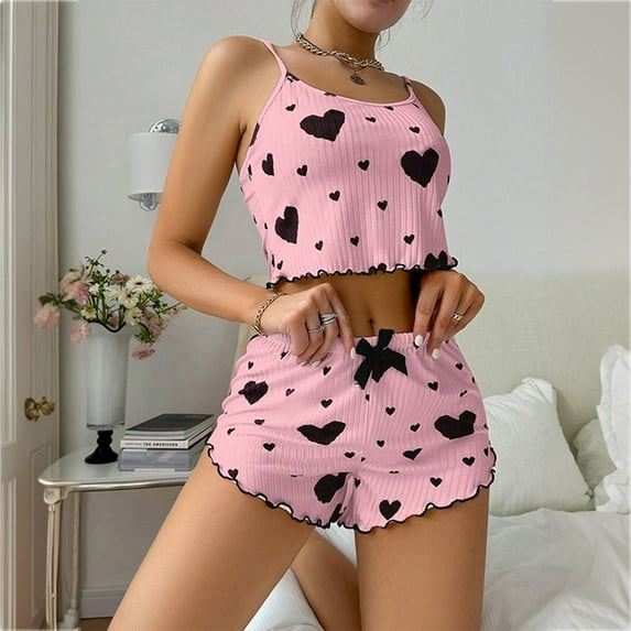 JIUWEN Womens Graphic Print Ribbed Pj Set Crop Cami Tops and Shorts Cute Pajamas Set-Pink-L,Heart Pajama Set,Short Set Pajamas for Women