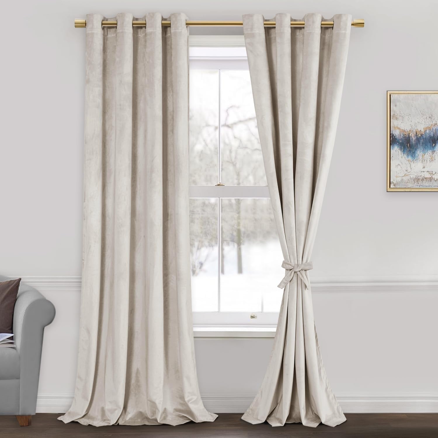 JIUZHEN Beige Velvet Curtains 84 inches Blackout Curtains for Living Room - Thermal Insulated Room Darkening Grommet Thick Velvet Window Drapes for Bedroom, Set of 2 with Tiebacks, 52W x 84L