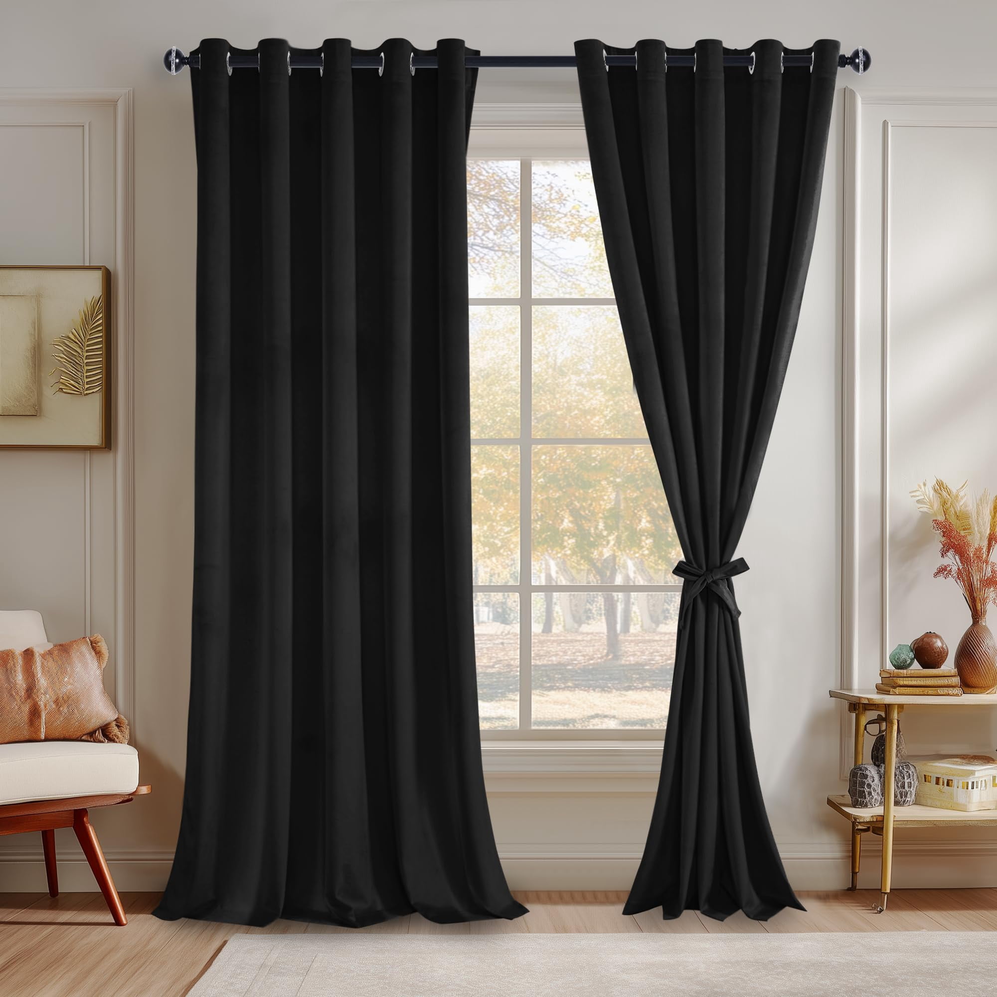 JIUZHEN Black 60 x 96 inches Velvet Blackout Curtains - Extra Wide Insulated Window Covering Noise Absorbing & Privacy Protect Drapes for Living Room/Indoor Decorations, Set of 2 with Tiebacks