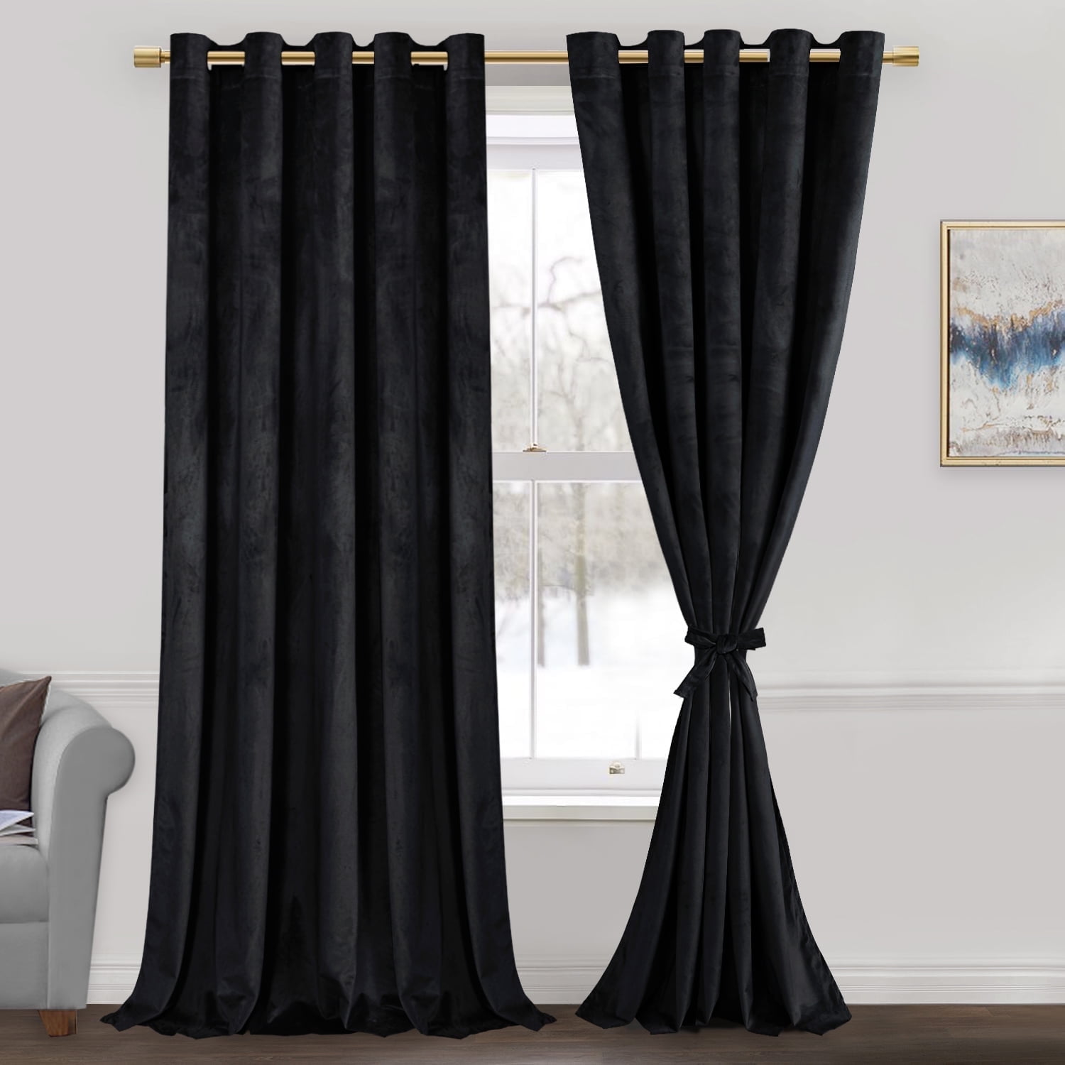 JIUZHEN Black 60 x 96 inches Velvet Blackout Curtains - Extra Wide