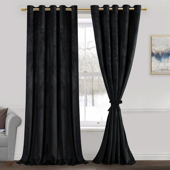 JIUZHEN Black 60 x 96 inches Velvet Blackout Curtains - Extra Wide Insulated Window Covering Noise Absorbing & Privacy Protect Drapes for Living Room/Indoor Decorations, Set of 2 with Tiebacks