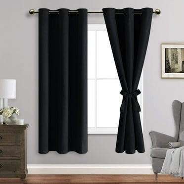JIUZHEN Black Blackout Curtains for Bedroom Sewn with Tiebacks - Thermal Insulated Light Blocking Grommet Window Curtains for Living Room, 42 x 63 inch Length, Set of 2 Drape Panels