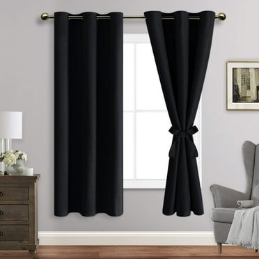 JIUZHEN Black Blackout Curtains for Bedroom Sewn with Tiebacks - Thermal Insulated Light Blocking Grommet Window Curtains for Living Room, 42 x 63 inch Length, Set of 2 Drape Panels