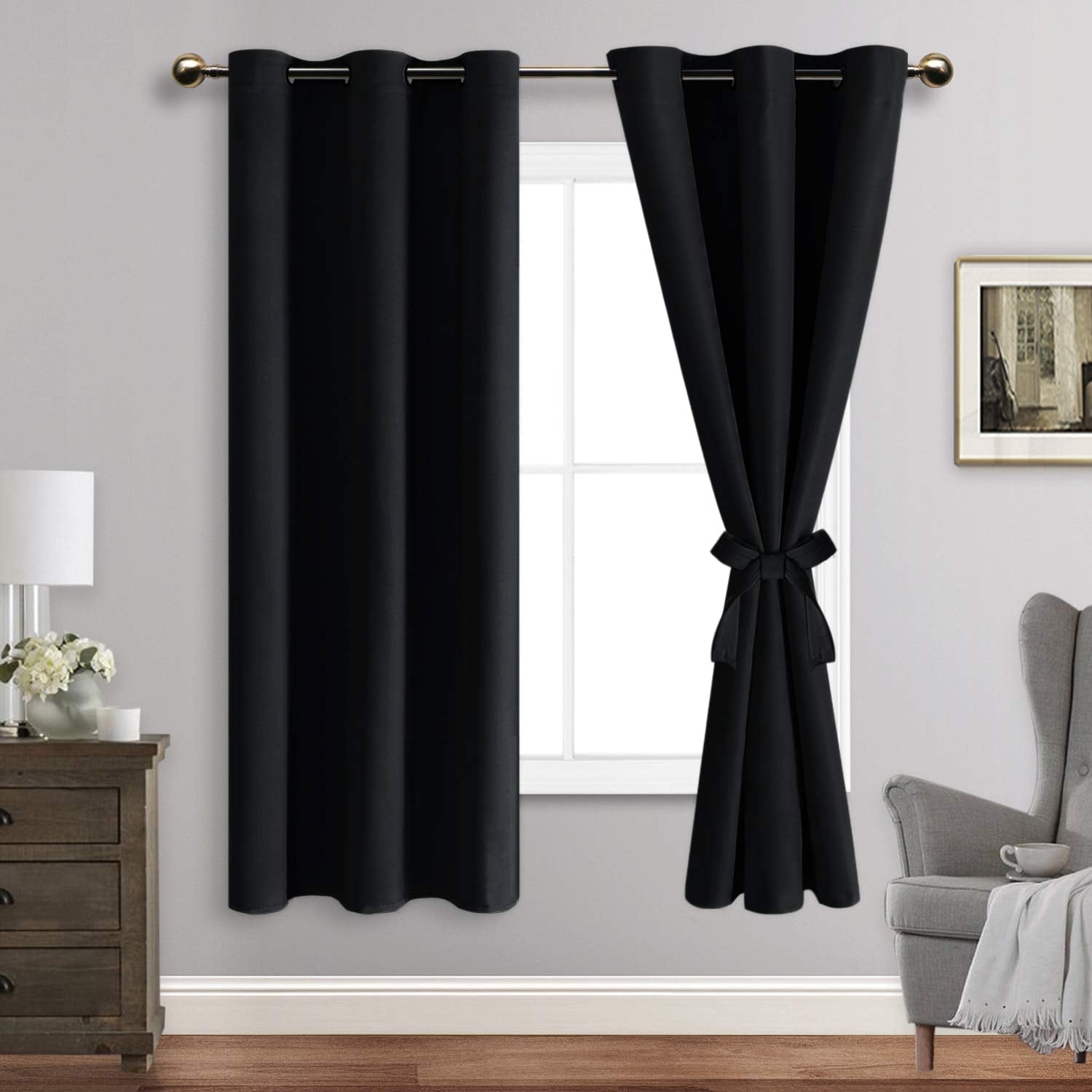 JIUZHEN Black Blackout Curtains for Bedroom Sewn with Tiebacks - Thermal Insulated Light Blocking Grommet Window Curtains for Living Room, 42 x 63 inch Length, Set of 2 Drape Panels