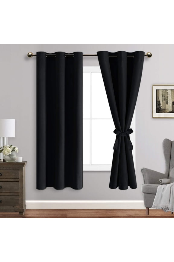 Black Blackout Curtains for Bedroom Sewn with Tiebacks - Thermal Insulated Light Blocking Grommet Window Curtains for Living Room, 42 x 63 inch Length, Set of 2 Drape Panels