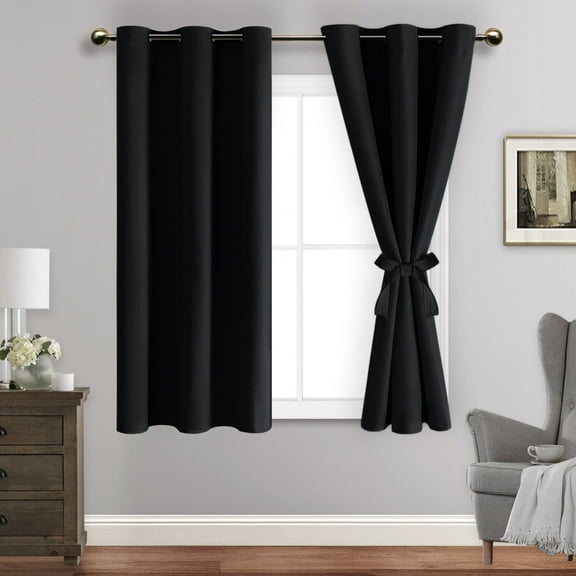 JIUZHEN Black Blackout Curtains for Bedroom with Tiebacks - Thermal Insulated Light Blocking Grommet Window Curtains for Living Room, 38 x 45 inch Length, Set of 2 Panels