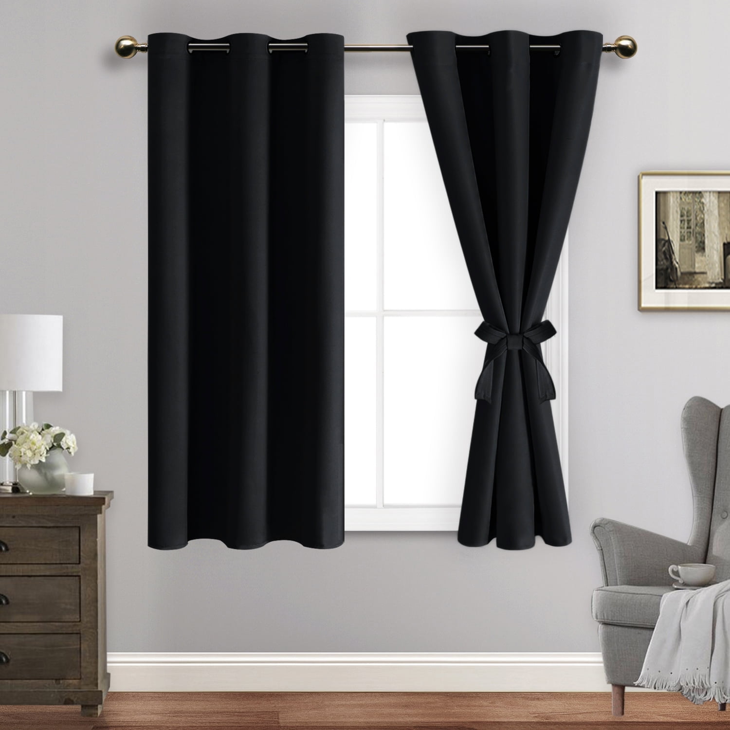 JIUZHEN Black Blackout Curtains for Bedroom with Tiebacks - Thermal Insulated Light Blocking Grommet Window Curtains for Living Room, 38 x 54 inch Length, Set of 2 Panels