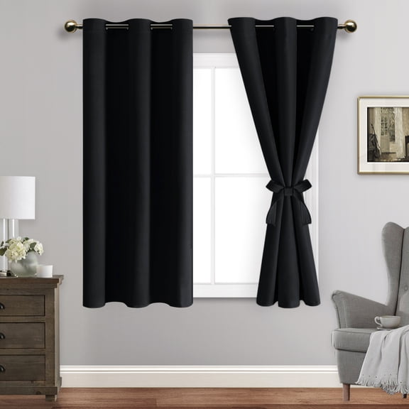 JIUZHEN Black Blackout Curtains for Bedroom with Tiebacks - Thermal Insulated Light Blocking Grommet Window Curtains for Living Room, 42 x 45 inch Length, Set of 2 Panels