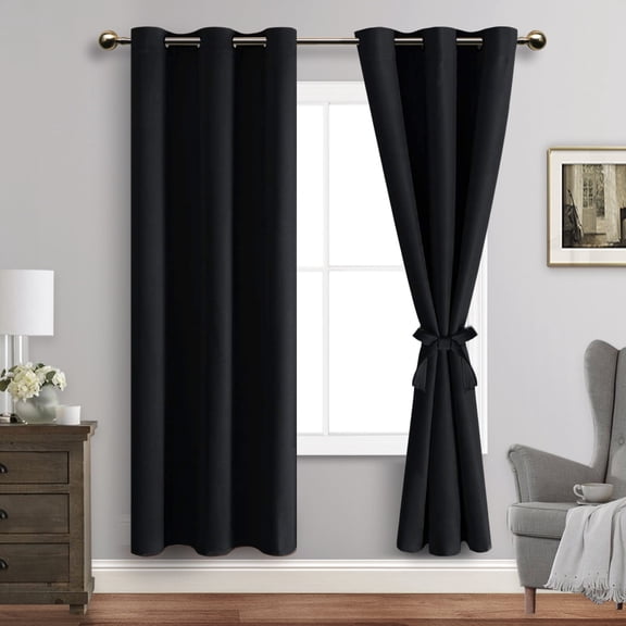 JIUZHEN Black Blackout Curtains for Bedroom with Tiebacks - Thermal Insulated Light Blocking Grommet Window Curtains for Living Room, 42 x 72 inch Long, Set of 2 Panels