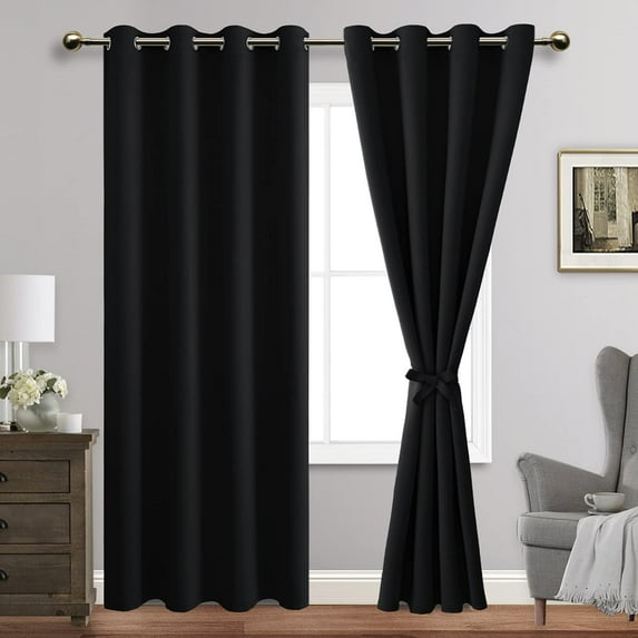 JIUZHEN Black Blackout Curtains for Bedroom with Tiebacks - Thermal Insulated Light Blocking Grommet Window Curtains for Living Room, 52 x 84 inch Long, Set of 2 Panels
