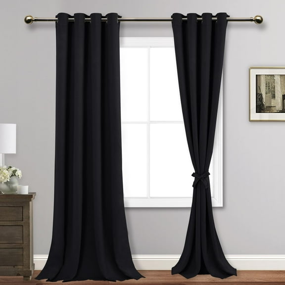 JIUZHEN Black Blackout Curtains for Bedroom with Tiebacks - Thermal Insulated Light Blocking Grommet Window Curtains for Living Room, 52 x 96 inch Length, Set of 2 Panels
