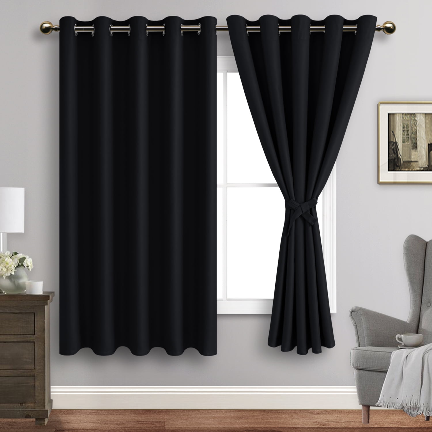 JIUZHEN Black Blackout Curtains for Bedroom with Tiebacks - Thermal Insulated Light Blocking Grommet Window Curtains for Living Room, 60 x 63 inch Length, Set of 2 Panels